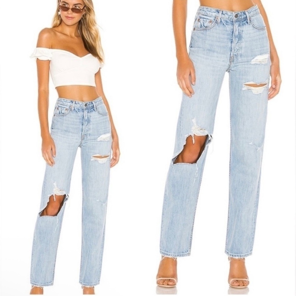 GRLFRND Mica High Rise Straight Leg Ripped Jeans To the Limit Light Wash Size 26